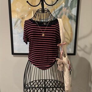 Striped Short-Sleeve Knit Top - Navy with Red Stripes